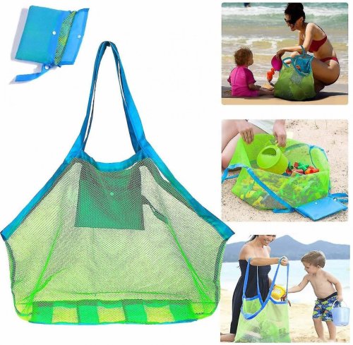 Geanta de plaja pentru jucarii copii, din plasa rezistenta, verde/albastru