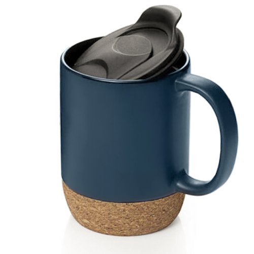 Cana cafea/ceai, Quasar & Co., pretabila voiaj/calatorie, cu capac to go, baza de pluta, ceramica, 400 ml, bleumarin