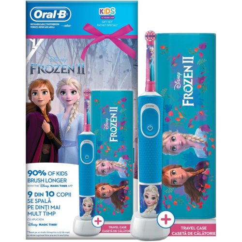 Periuta de dinti electrica pentru copii Oral-B Vitality D100 Frozen, 7600 oscilatii, 2 programe, 1 capat, 4 stickere, Albastru + Travel Case