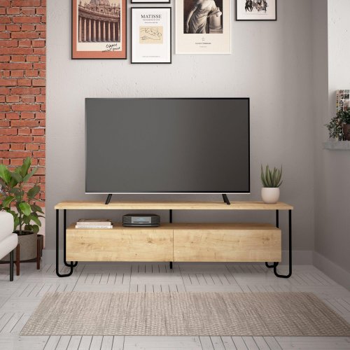 Decortie - Comoda tv karam cadru metal cu 2 usi, stejar, 150 x 45 x 42 cm