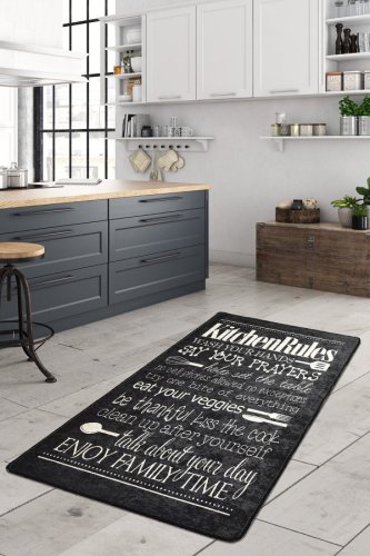 Chilai - Covor de bucatarie kitchen rules, lavabil, antiderepant, negru, 150 x 80 cm