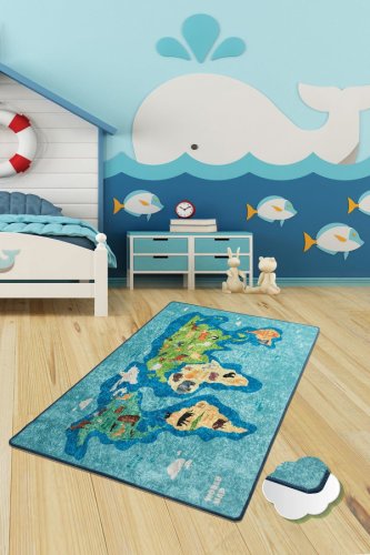 Chilai - Covor de copii harta lumea, multicolor, 160x100 cm