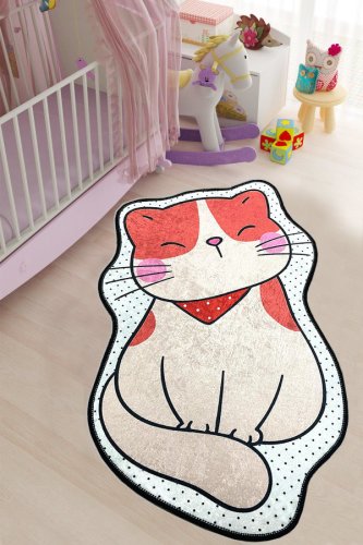 Chilai - Covor de copii pisica rosu, multicolor, 90x60 cm