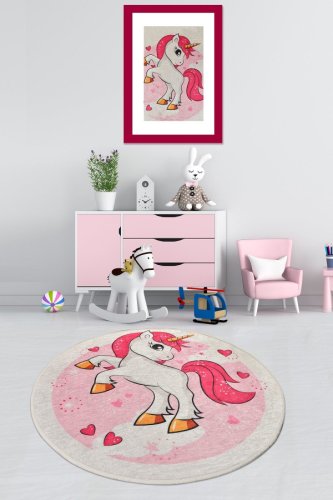 Chilai - Covor de copii rotund poni, roz, 140x140 cm