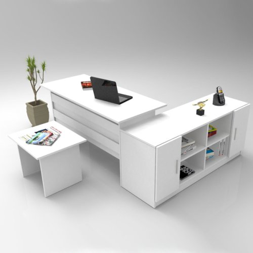 Locelso - Set de mobilier de birou mini linta, alb - nuc - stejar, birou - masuta - consola