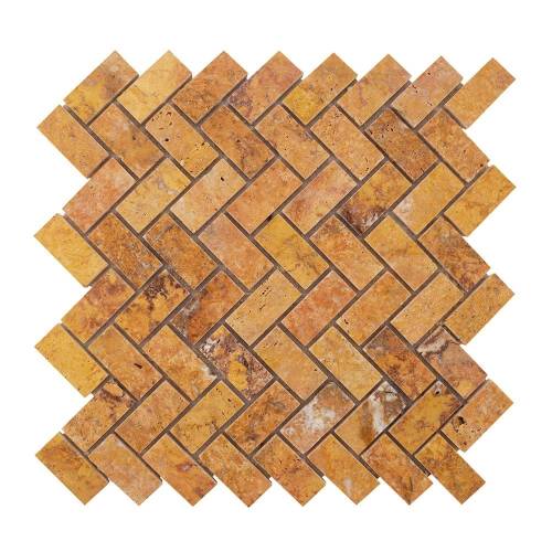 Piatraonline - Mozaic travertin peach herringbone polisat 2.5 x 5 cm