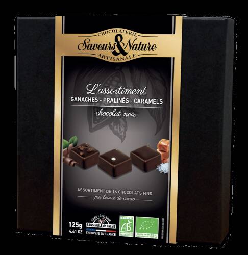 Cutie cu 16 bomboane cu ganache de ciocolata neagra BIO- Coffret 16 ganaches noir | Saveurs et Nature