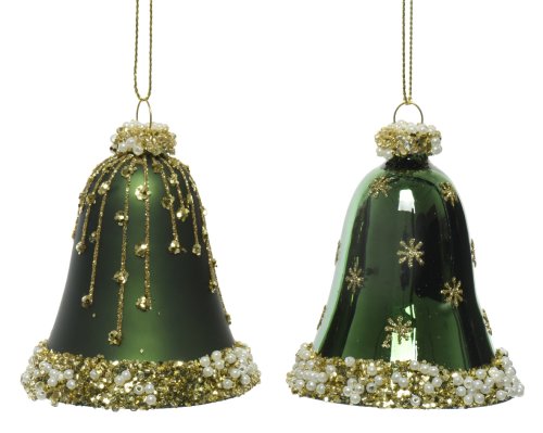Set clopotei - Glass Matt, Shiny Gold Glitter and Beads, Pearls - Pine Green | Kaemingk