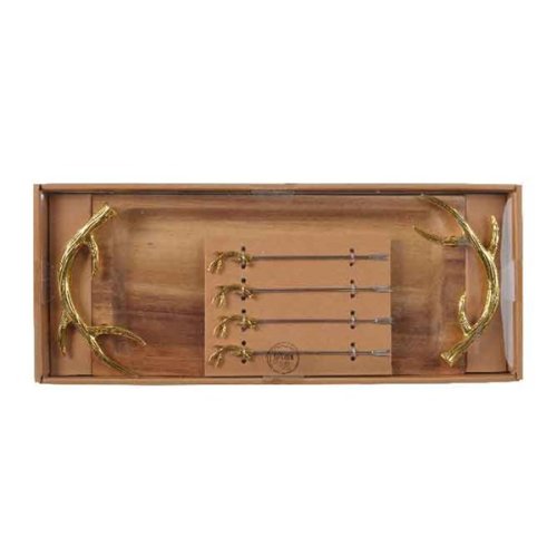Tava - acacia tray with antler handle - natural and gold | kaemingk