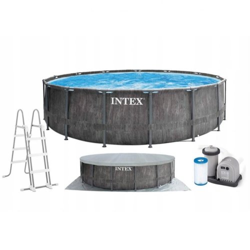 Intex Set piscina supraterana demontabila Intex cu cadru metalic Prism Frame Premium Set, 549 x 122 cm, Grey Wood, cu pompa, filtru si scara incluse