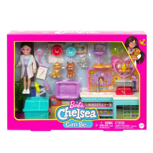 MATTEL Set de joaca Barbie, Chelsea veterinar cu accesorii, par brunet , 15 cm