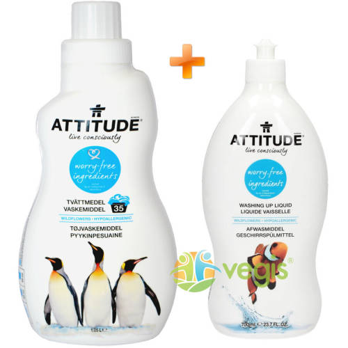 Attitude - Detergent lichid pentru rufe flori de camp eco/bio 1.05 l + lichid de spalat vase flori de camp eco/bio 700ml pachet 1+1