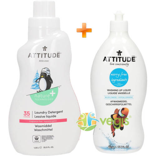 Attitude - Detergent lichid pentru rufele bebelusilor fara parfum eco/bio 1.05 l + lichid de spalat vase flori de camp eco/bio 700ml pachet 1+1