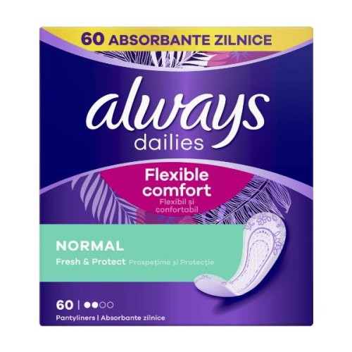 Absorbante Zilnice Parfumate - Always Pantyliners Dailies Flexible Confort Normal Fresh & Protect, 60 buc