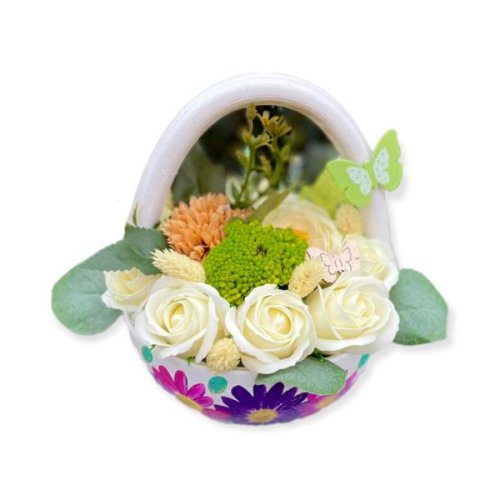 Cosulet ceramic alb din ceramica+ aranjament floral - Ceramica Martinescu