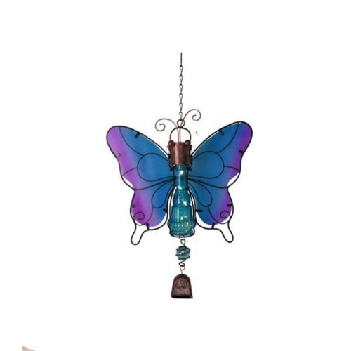 Decoratiune de gradina Butterfly cu lampa solara Led si clopotel, Albastru/Mov