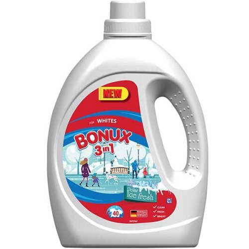 Detergent Automat Lichid 3 in 1 cu Aroma Proaspata de Iarna pentru Rufe Albe - Bonux 3 in 1 for Whites Polar Ice Fresh, 2200 ml