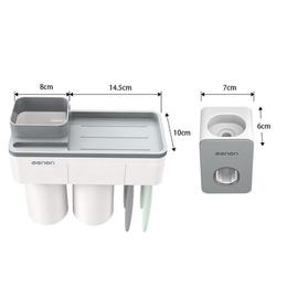 Dozator, dispenser pasta de dinți cu suport multifunctional magnetic pentru 2 pahare, 4 periute si suport telefon mobil de culoare gri cu alb - Maxdeco