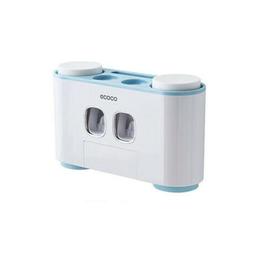 Dozator, dispenser pasta de dinti multifunctional cu suport magnetic pentru 4 pahare, 5 periute si suport accesorii de culoare albastra cu alb - Maxdeco