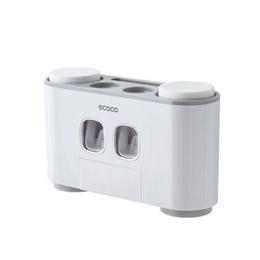 Dozator, dispenser pasta de dinti multifunctional cu suport magnetic pentru 4 pahare, 5 periute si suport accesorii de culoare gri cu alb - Maxdeco
