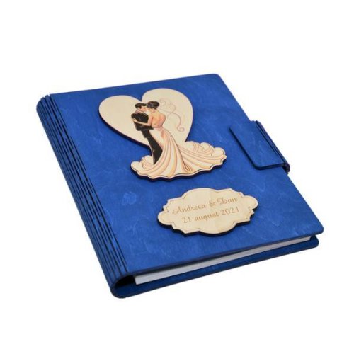 Guestbook din lemn personalizat, caiet de amintiri, albastru, a5, pentru nunta, piksel, pix din lemn inclus