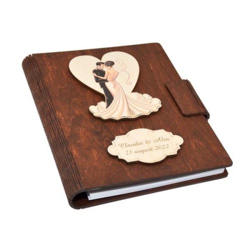 Guestbook din lemn personalizat, caiet de amintiri, maro, a5, pentru nunta, piksel, pix din lemn inclus