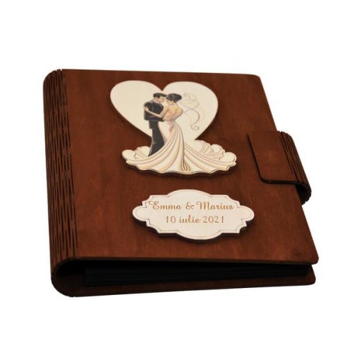 Guestbook din lemn personalizat, Caiet de amintiri, maro, A5, pentru nunta, Piksel, pix si lipici inclus