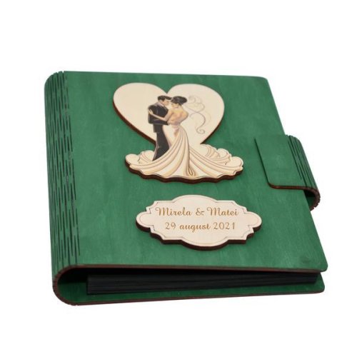Guestbook din lemn personalizat, Caiet de amintiri, verde inchis, A5, pentru nunta, Piksel, pix si lipici inclus