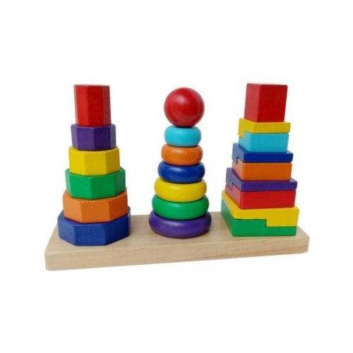Jucarie educativa din lemn Turn de sortat cu 3 coloane si forme geometrice, Multicolor OEM