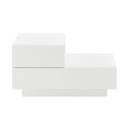 Noptiera asimetrica cu doua sertare, 38 x 70 x 35 cm, Pal, alb lucios