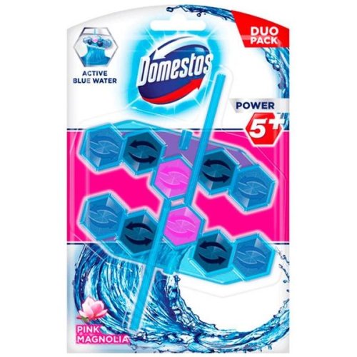 Odorizant pentru Toaleta cu Aroma de Magnolie Roz - Domestos Active Blue Water Power 5+ Pink Magnolia Duo Pack, 2x 53 g