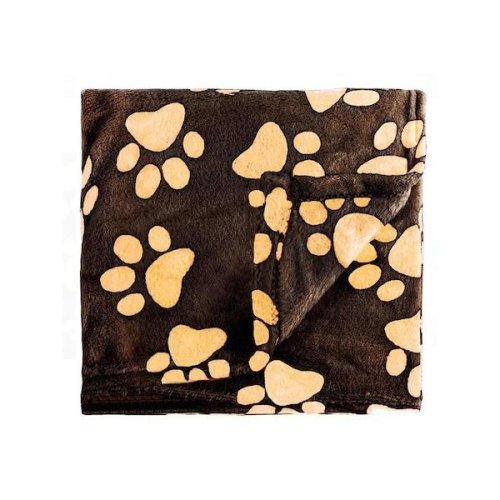 Oem - Patura pufoasa din fleece maro cu imprimeu labute, pentru caini si pisici, negru/ bej, 100 x 140 cm