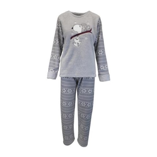 Pijama dama, Univers Fashion, bluza cocolino gri cu imprimeu Snoopy, pantaloni polar gri cu imprimeu fulgi albi, XL