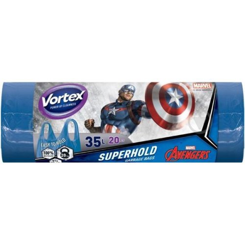 Saci Menajeri cu Manere Captain America 100% Biodegradabili - Vortex Garbage Bags Superhold Avengers, 35 l, 20 buc