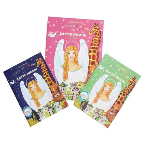 Set 3 carti de colorat cu sapte ingeri, una format A4, color, 16 pagini, bilingva (romana-engleza) si doua format A5 cu sapte contururi cu ingeri de colorat