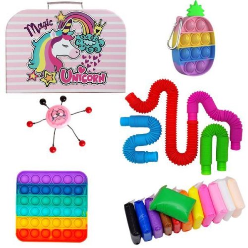 Set 8 Jucarii in cutie Magic Unicorn pentru fete, Fidget Toys, pop tubes, Multicolor