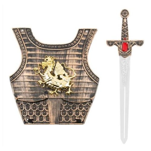 Set arme de cavaler format din armura de 31x33 cm cu emblema unui dragon de aur si o sabie de 55 cm cu sunete de lupta.