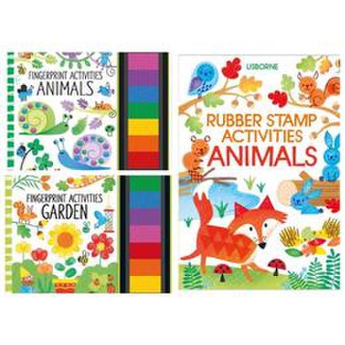 Set carti de pictat cu degetele si cu stampile Animals, Garden Fingerprint Activities Usborne