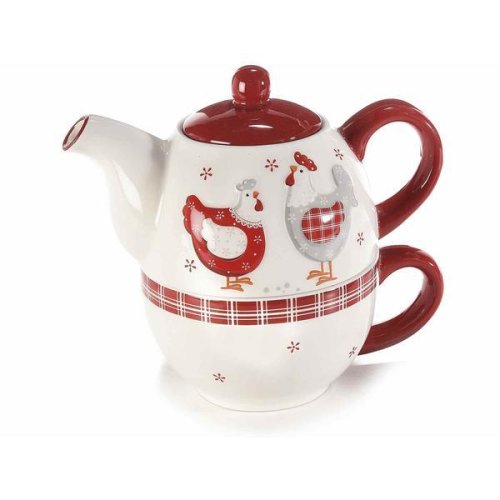 Decorer - Set ceainic cu ceasca din ceramica alb rosu gri 18 cm x 11,5 cm x 17 h