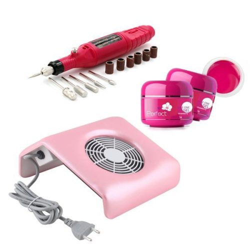 Totulperfect - Set manichiura freza electrica unghii 20000rpm roz+ mini aspirator roz + set 3 geluri cadou
