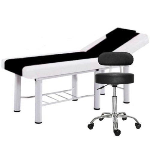 Set pat cosmetica alb-negru, 186x70x70cm, masa masaj profesional, 22kg, piele ecologica + scaun salon cu spatar negru, taburet rotativ pe roti 