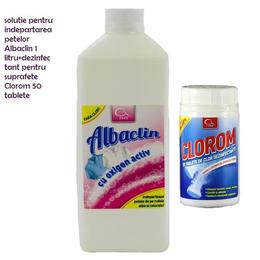 Solutie pentru indepartarea petelor Albaclin 1 litru+ dezinfectant pentru suprafete Clorom 50 tablete