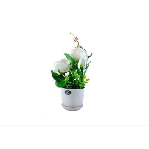 Oem - Trandafir artificial decorativ in ghiveci ceramic, alb, 32 cm