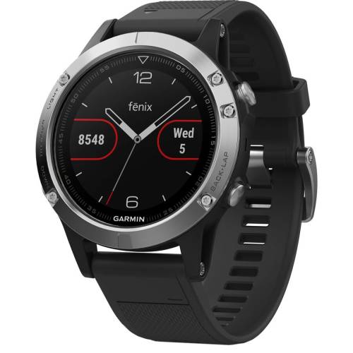 Ceas smartwatch Garmin Fenix 5, HR, GPS, Silver, Silicone Black