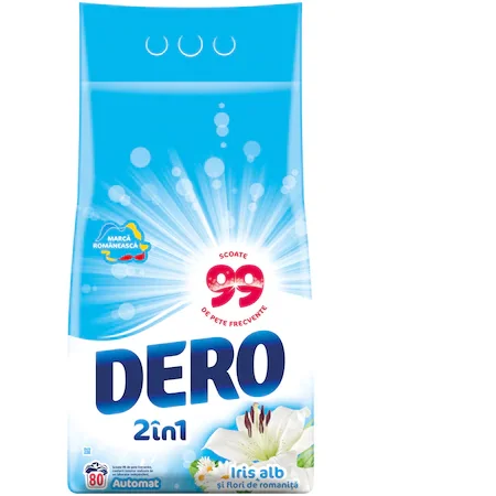 Detergent automat Dero 2in1 iris alb si flori de romanita, 8kg, 80 spalari