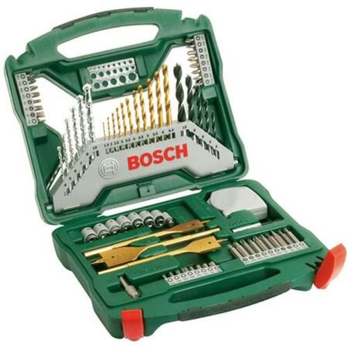Set 70 accesorii Bosch X-line Titanium, biti, chei tubulare, adaptor chei tubulare, burghie titan, metal, piatra si lemn