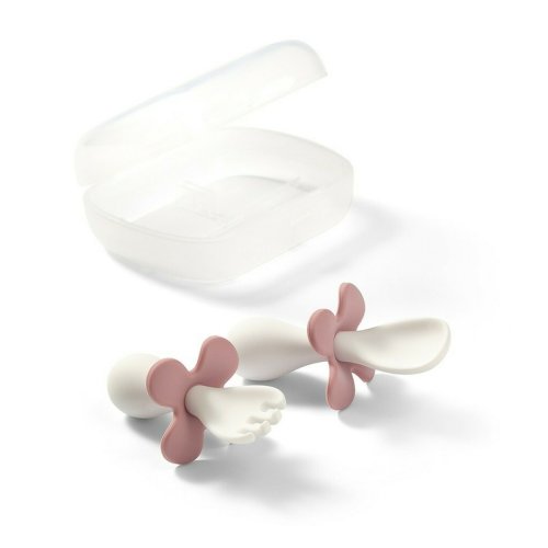 BabyOno - Set lingura si furculita, Include cutie pentru depozitare, Cu element de protectie, Cu forma ergonomica, Plastic, Fara BPA, 12 luni+, Roz