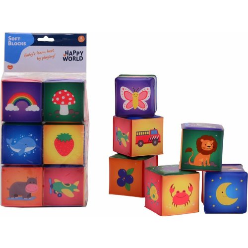 Happy World - Cuburi moi, 7,5 x 7,5 cm, 0 luni - 5 ani, 6 piese, Conform cu standardul de siguranta EN71, Multicolor