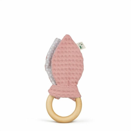 Jucarie cu inel de prindere din lemn si urechi din material textil, roz, Gruenspecht 571-V2