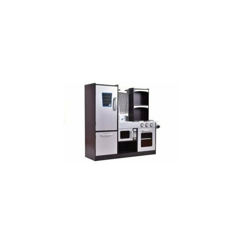 Leantoys - Bucatarie din lemn pentru copii, cu frigider, cuptor si cuptor cu microunde, silver-gri, , 2637